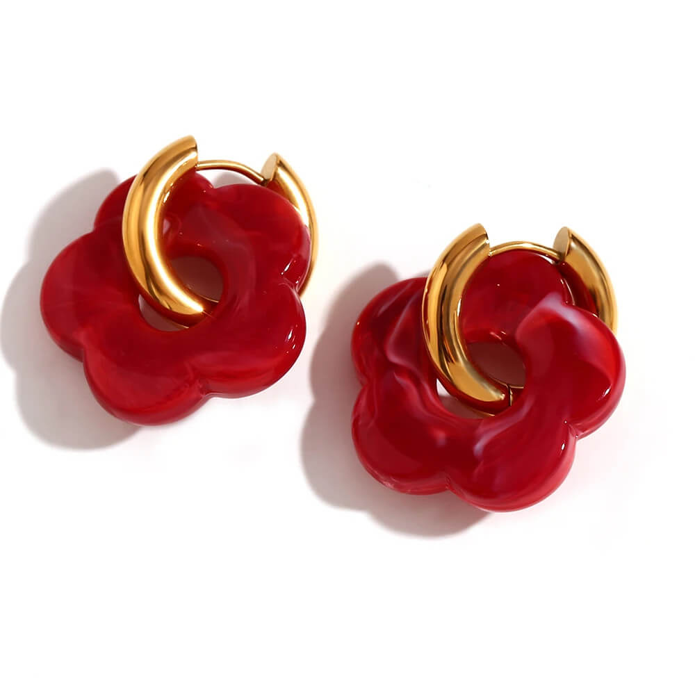 Acrylic Gold Flower Earrings in Maroon.