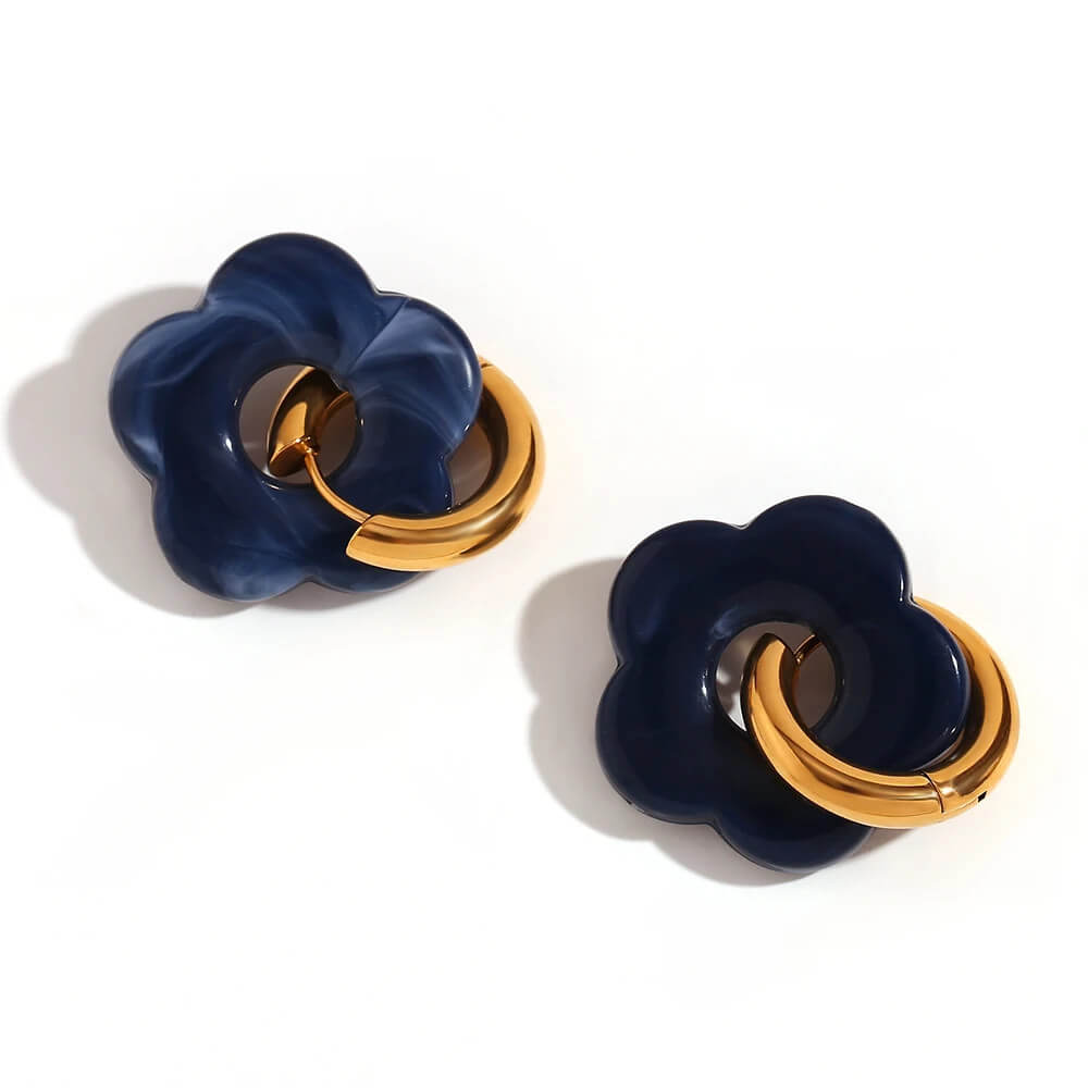 Acrylic Gold Flower Earrings in Navy.