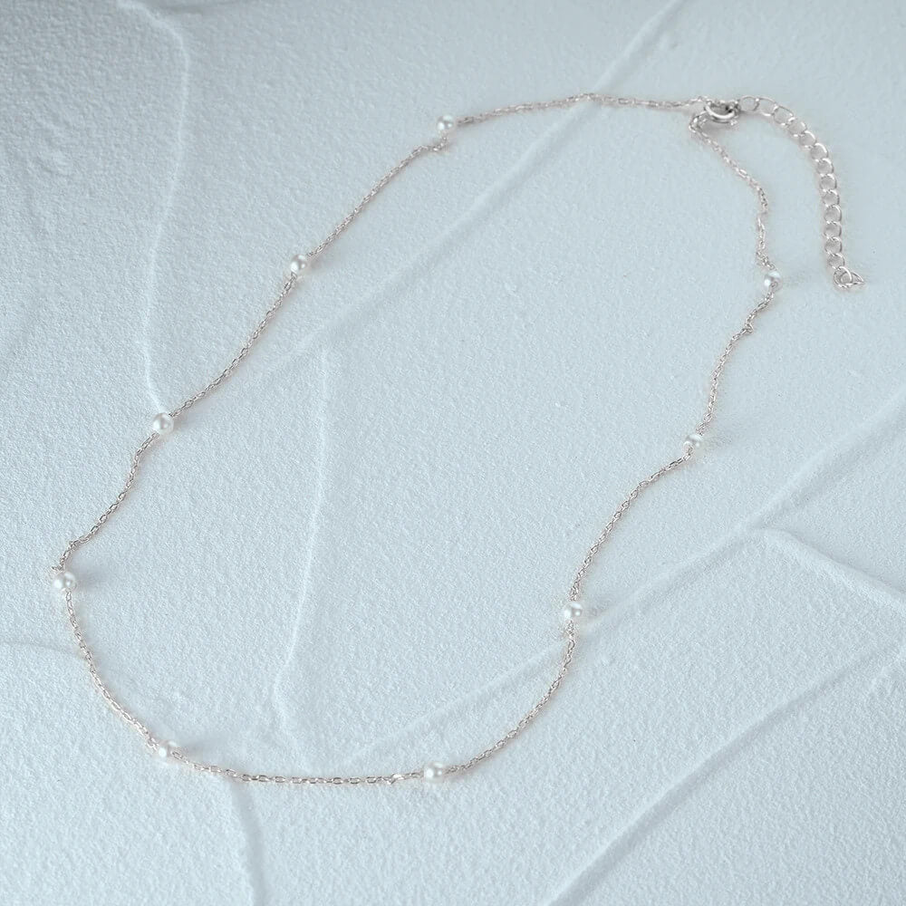 Full view of the Delicate Pearl Chain Necklace.