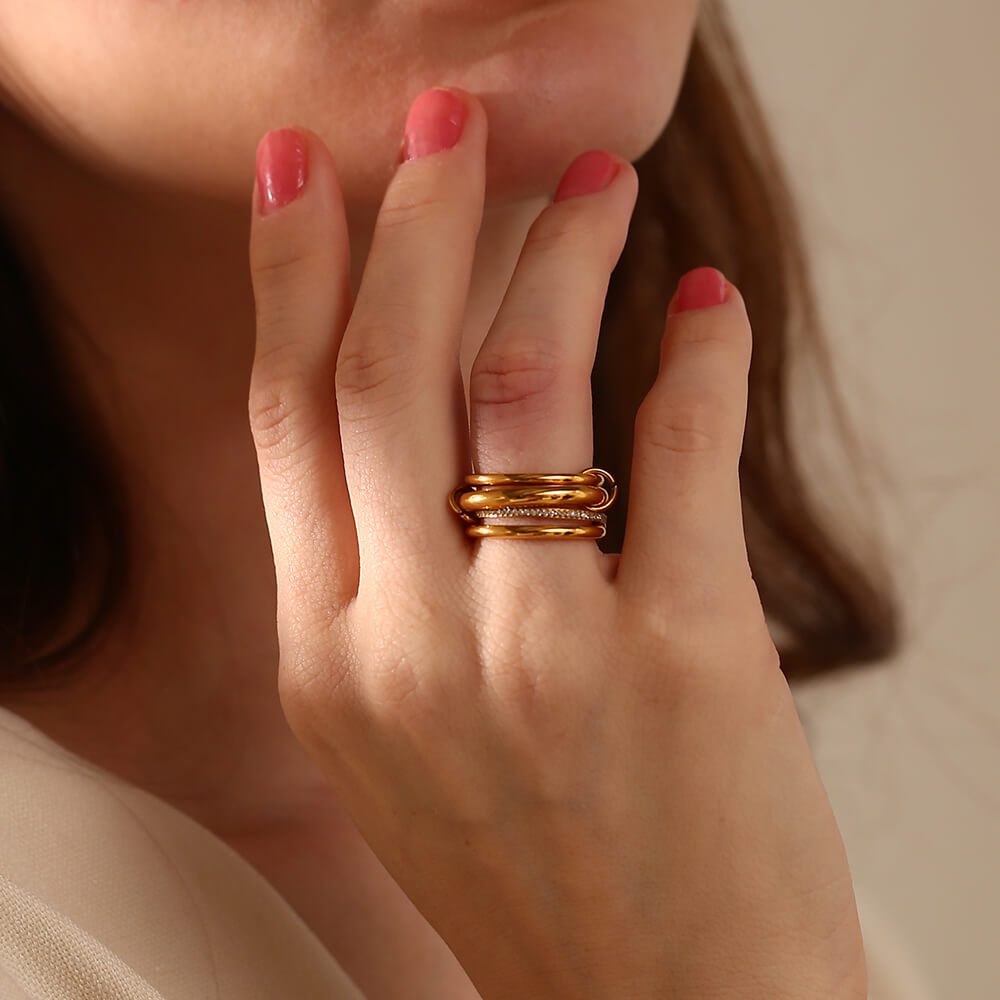 A woman wearing the Stacking Ring Set.