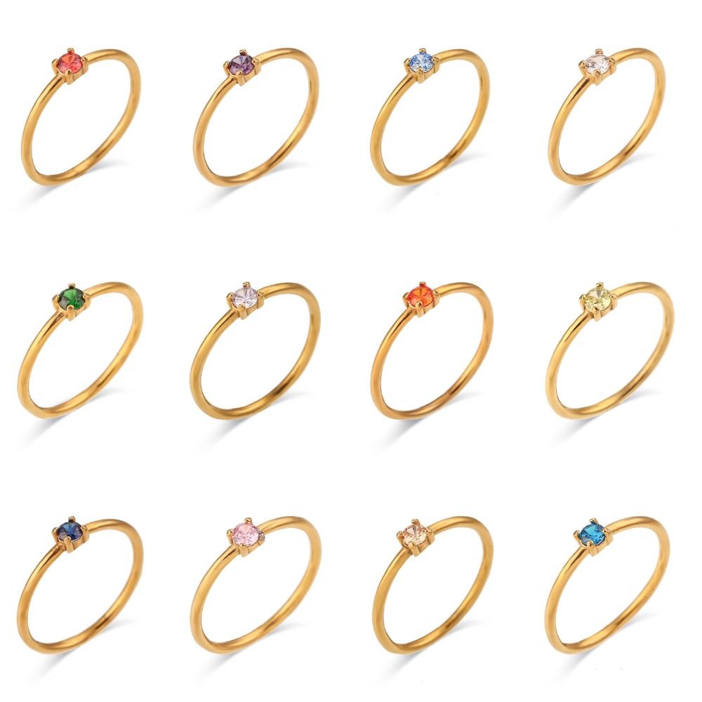 Tweleve Birthstone CZ Gold Stacking Rings.