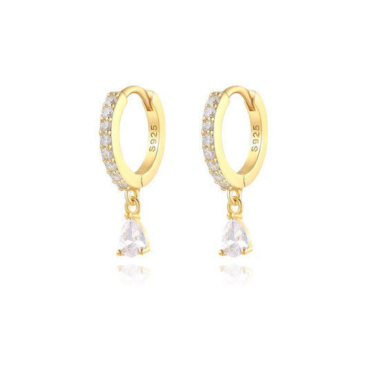 Clear Zirconia Teardrop Huggies in Gold.