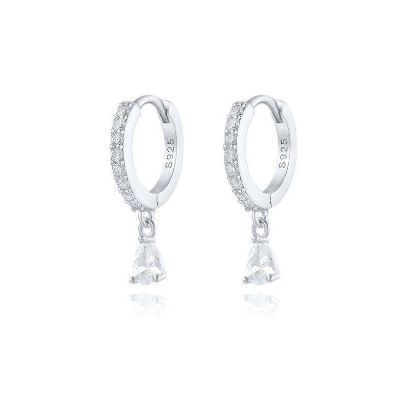Clear Zirconia Teardrop Huggies in Silver.