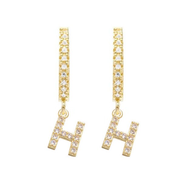 Gold CZ Pave Initial Huggies, letter H.