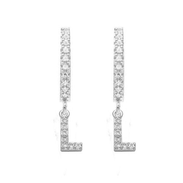 Silver CZ Pave Initial Huggies, letter L.