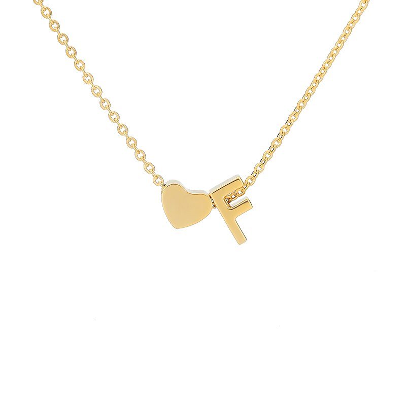 Gold Heart Initial Necklace, letter F.