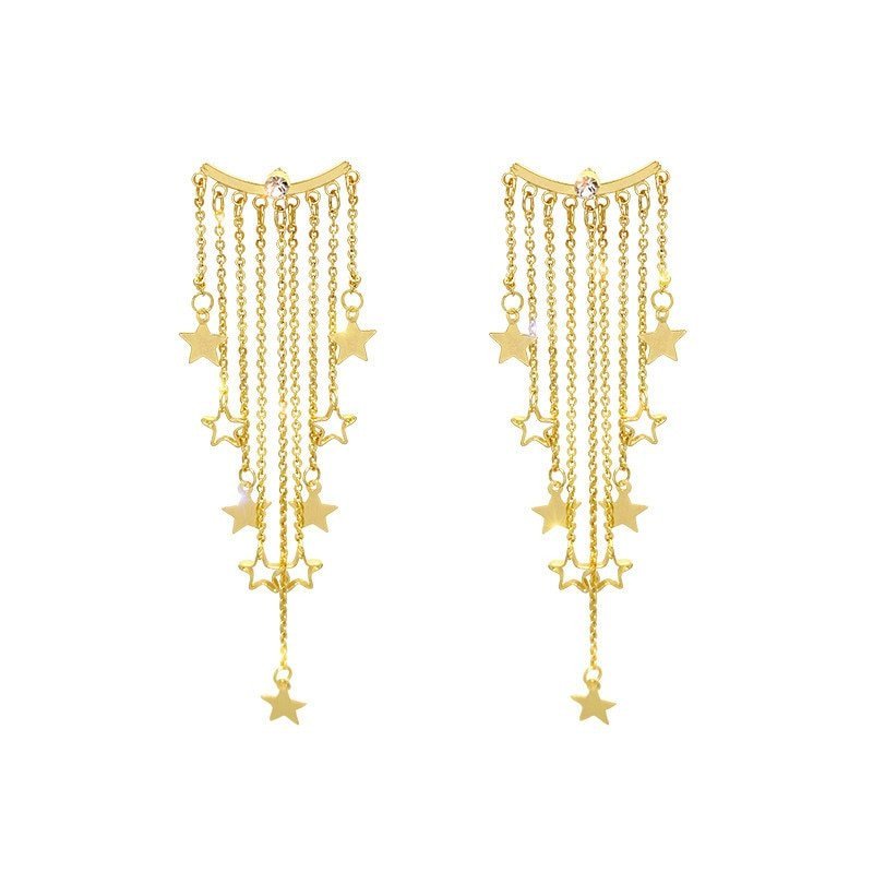 Gold Star Tassel Statement Earrings.