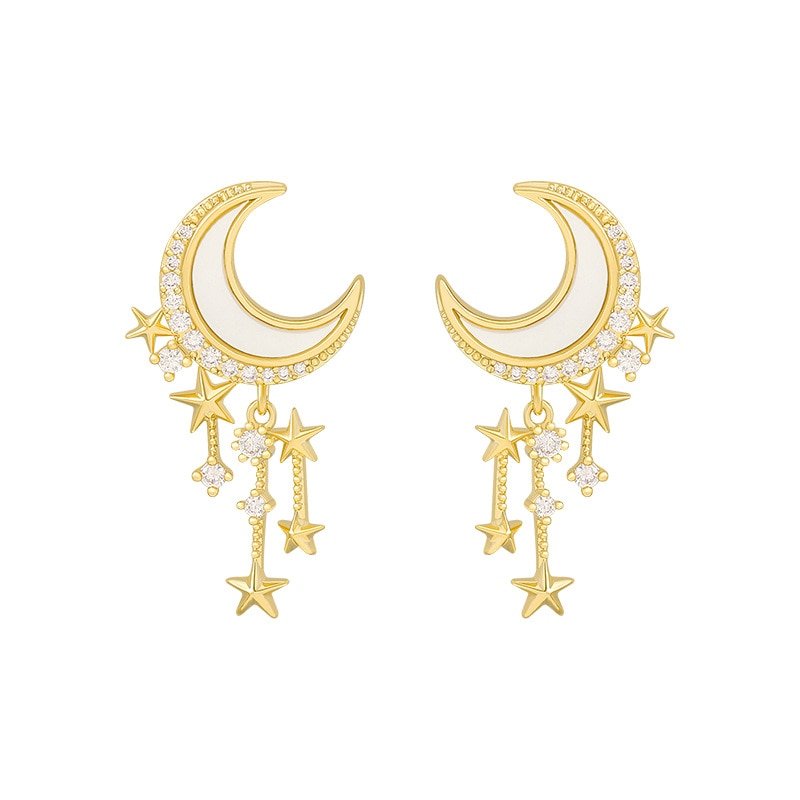 Moon Star Tassel Earrings in Gold.