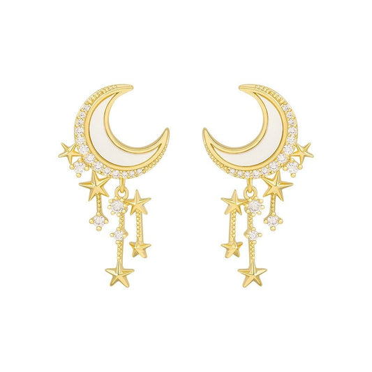Moon Star Tassel Earrings in Gold.