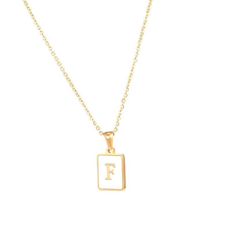 Gold Mother of Pearl Monogram Necklace, Letter F.