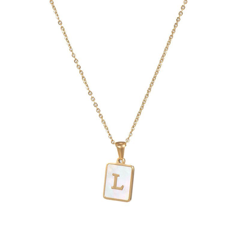 Gold Mother of Pearl Monogram Necklace, Letter L.