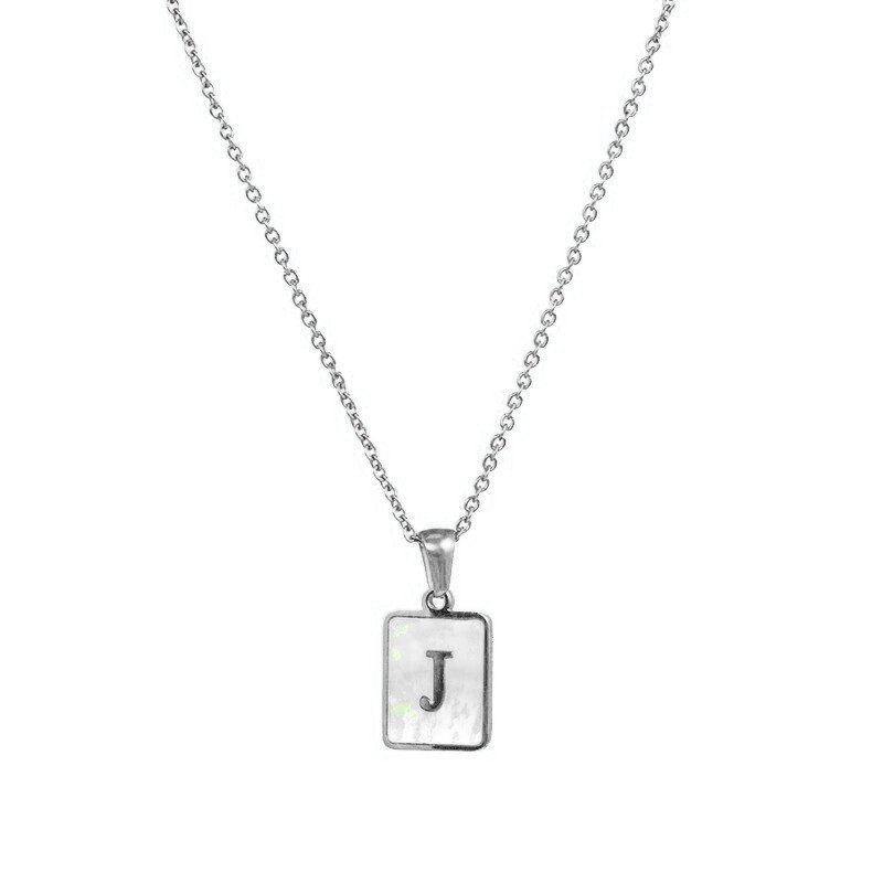 Silver Mother of Pearl Monogram Necklace, Letter J.