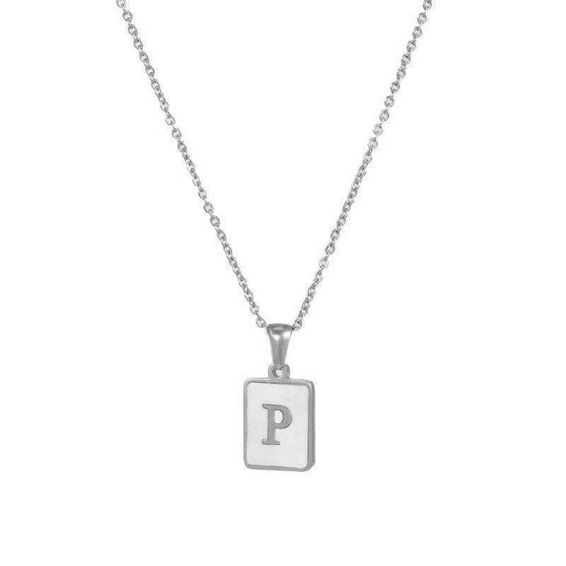 Silver Mother of Pearl Monogram Necklace, Letter P.