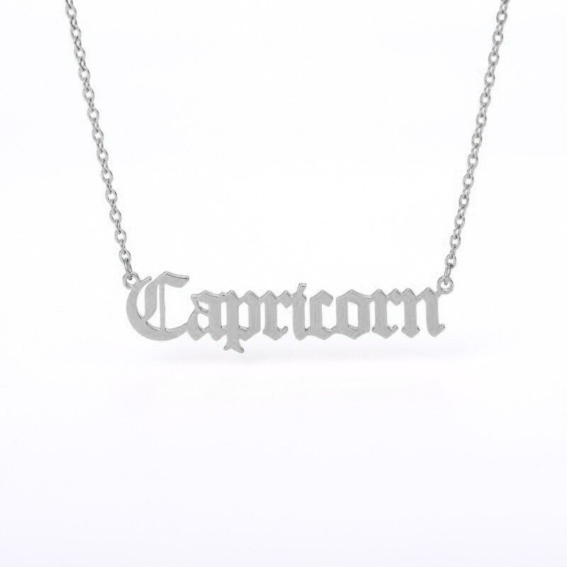 Capricorn Zodiac Name Plate Necklace in Silver.