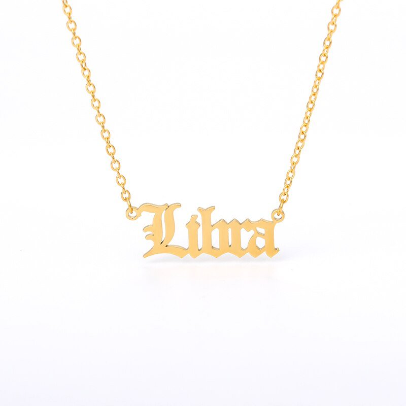 Libra Zodiac Name Plate Necklace in Gold.